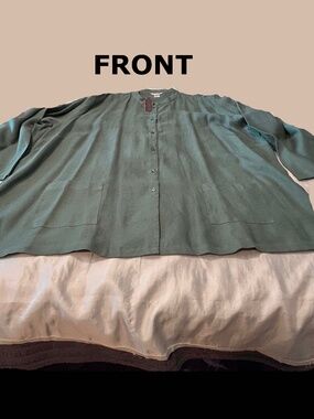 BLOUSE TUNIC, PURE LINEN, MEDIUM GREEN, SIZE 34, BUTTON FRONT, 2 POCKETS, LONG